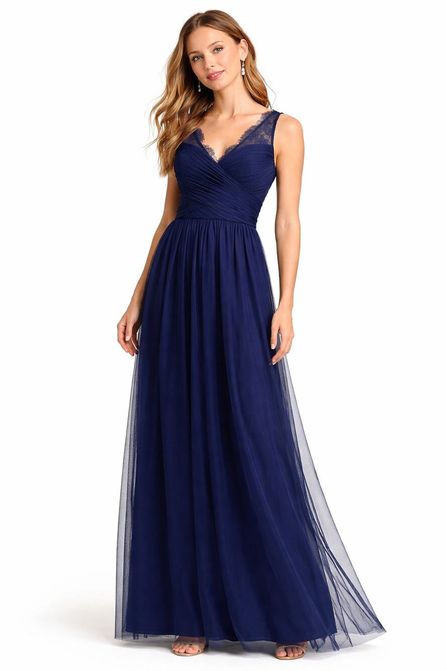 BHLDN Hitherto V Neck Fleur Lace Tulle Formal Maxi Dress Womens 2 Navy Blue